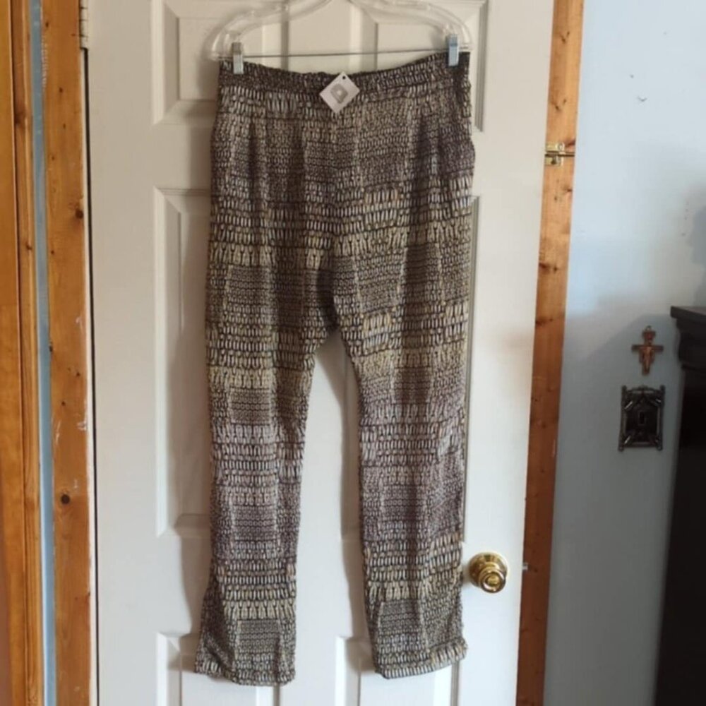 Quintessence Chiffon Pants Sz LG Sheer Pockets Boho Beach Coastal Animal Print